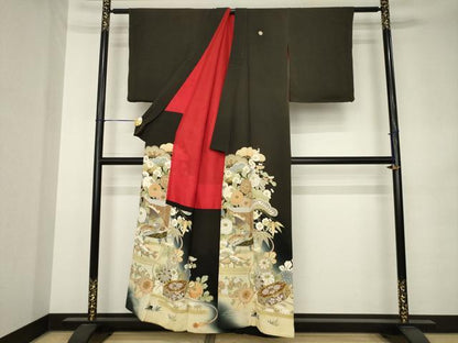平和屋着物●アンティーク　大正ロマン　黒留袖　貝桶花文　両褄　正絹　逸品　AABK3047ck