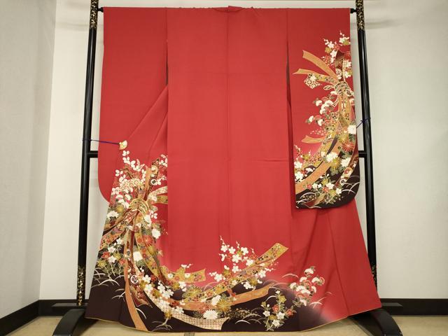 平和屋着物●豪華振袖　駒刺繍　束ね熨斗花文　暈し染め　金彩　正絹　逸品　AABK3057ck