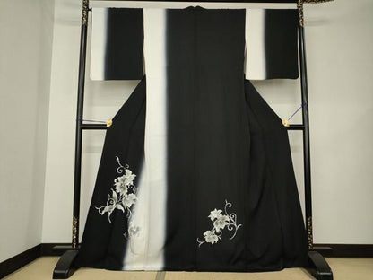 平和屋着物●訪問着　花唐草文　暈し染め　黒地　金彩　ロング丈　正絹　逸品　AABK3068ck