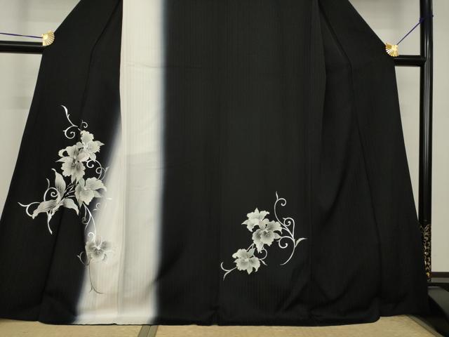 平和屋着物●訪問着　花唐草文　暈し染め　黒地　金彩　ロング丈　正絹　逸品　AABK3068ck