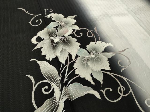 平和屋着物●訪問着　花唐草文　暈し染め　黒地　金彩　ロング丈　正絹　逸品　AABK3068ck