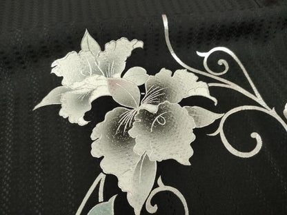 平和屋着物●訪問着　花唐草文　暈し染め　黒地　金彩　ロング丈　正絹　逸品　AABK3068ck