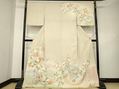 平和屋着物●訪問着　刺繍　枝花文　暈し染め　ロング丈　正絹　逸品　AABK3070ck