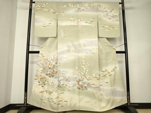 平和屋着物●訪問着　駒刺繍　風景文　暈し染め　金彩　正絹　逸品　AABK3072ck