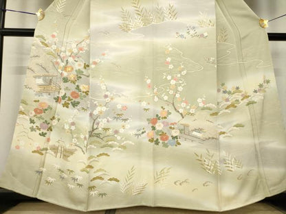 平和屋着物●訪問着　駒刺繍　風景文　暈し染め　金彩　正絹　逸品　AABK3072ck