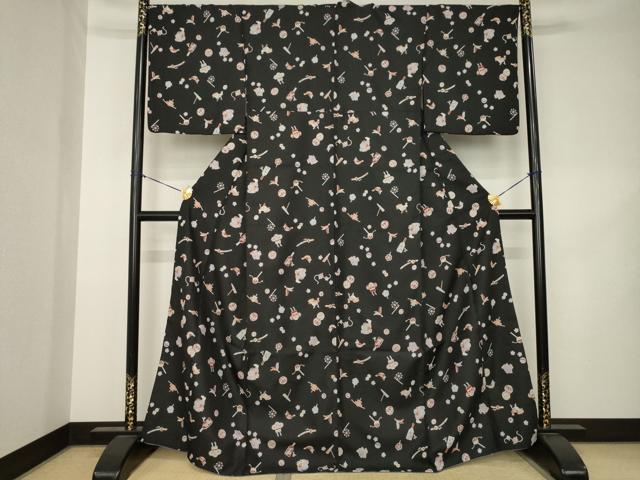 平和屋着物●小紋　玩具文　黒地　洗える着物　AABK3076ck