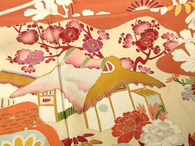 平和屋着物●アンティーク　大正ロマン　訪問着　駒刺繍　風景文　金彩　正絹　逸品　AABK3082ck