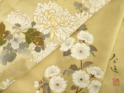 平和屋着物●螺鈿作家　甲斐泰造　訪問着　螺鈿　菊　金彩　正絹　逸品　AABK3095ck