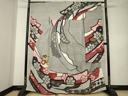 平和屋着物●豪華振袖　駒刺繍　御所車花文　正絹　逸品　AABK3102ck
