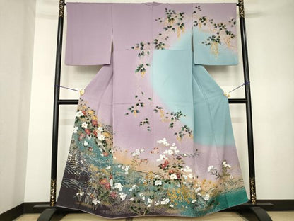 平和屋着物●訪問着　刺繍　流水花文　暈し染め　正絹　逸品　AABK3104ck