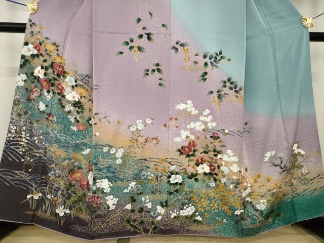 平和屋着物●訪問着　刺繍　流水花文　暈し染め　正絹　逸品　AABK3104ck