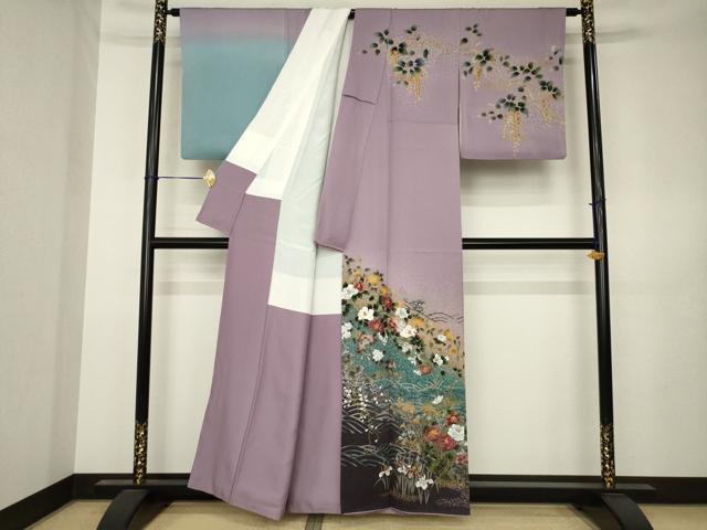 平和屋着物●訪問着　刺繍　流水花文　暈し染め　正絹　逸品　AABK3104ck