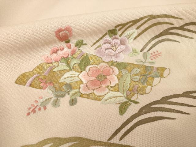 平和屋着物●訪問着　刺繍　花筏文　暈し染め　丹後ちりめん　金糸　金彩　反端付き　正絹　逸品　AABK3110ck