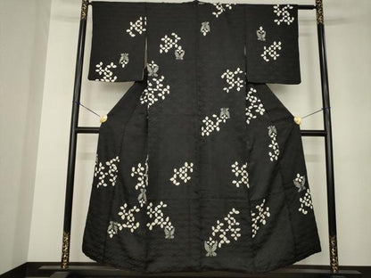 平和屋着物●訪問着　絞り　草花文　黒地　正絹　逸品　AABK3115ck