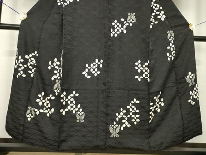 平和屋着物●訪問着　絞り　草花文　黒地　正絹　逸品　AABK3115ck
