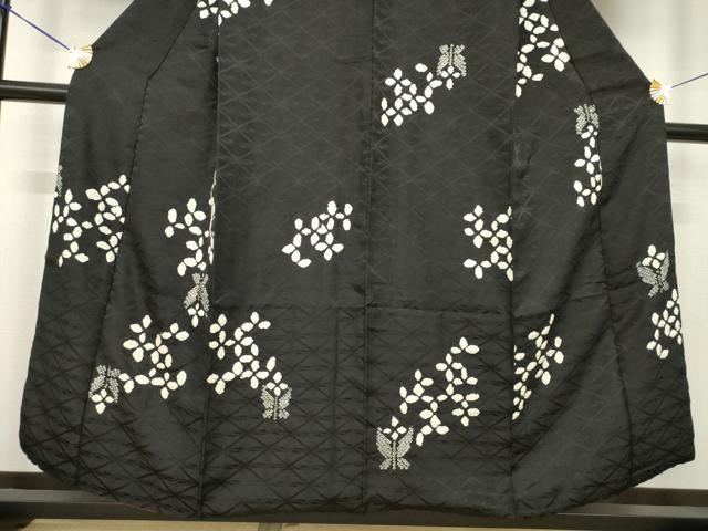 平和屋着物●訪問着　絞り　草花文　黒地　正絹　逸品　AABK3115ck