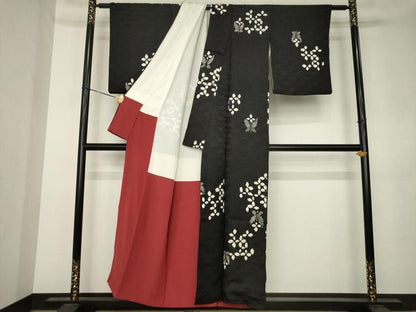 平和屋着物●訪問着　絞り　草花文　黒地　正絹　逸品　AABK3115ck