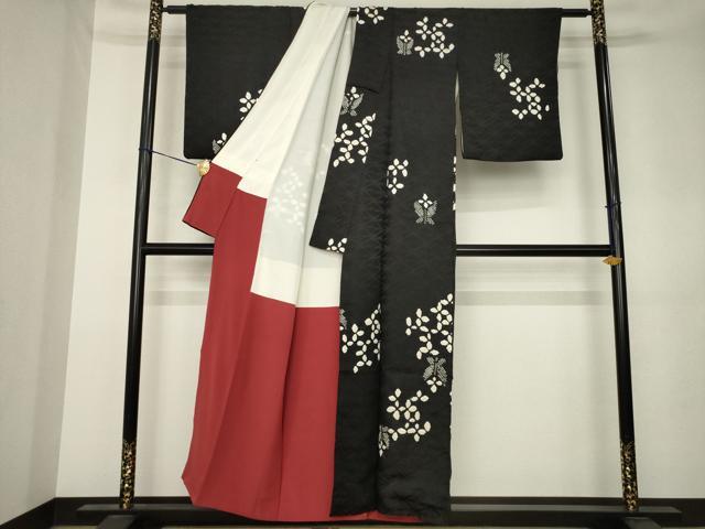 平和屋着物●訪問着　絞り　草花文　黒地　正絹　逸品　AABK3115ck