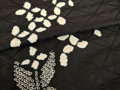 平和屋着物●訪問着　絞り　草花文　黒地　正絹　逸品　AABK3115ck