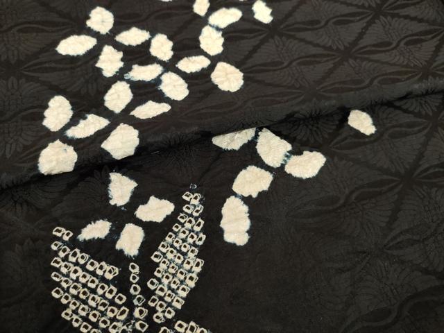 平和屋着物●訪問着　絞り　草花文　黒地　正絹　逸品　AABK3115ck