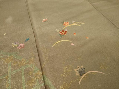 平和屋着物●訪問着　駒刺繍　芝花文　暈し染め　金糸　金彩　正絹　逸品　AABK3123ck