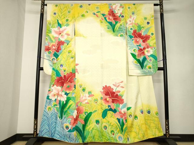 平和屋着物●豪華振袖　駒刺繍　孔雀花文　暈し染め　金彩　正絹　逸品　AABK3140ck