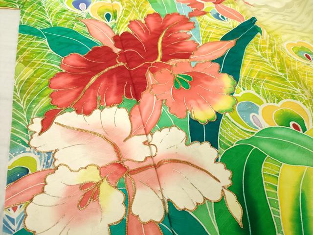 平和屋着物●豪華振袖　駒刺繍　孔雀花文　暈し染め　金彩　正絹　逸品　AABK3140ck