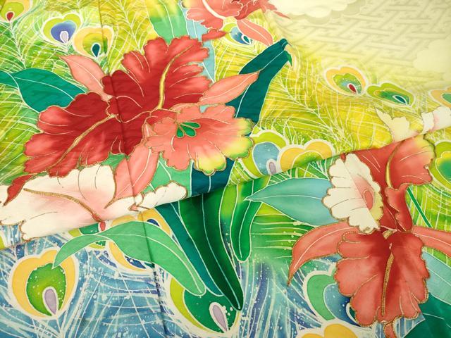 平和屋着物●豪華振袖　駒刺繍　孔雀花文　暈し染め　金彩　正絹　逸品　AABK3140ck