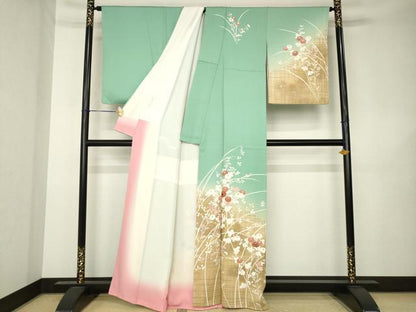 平和屋着物●訪問着　刺繍　草花文　暈し染め　正絹　逸品　AABK3143ck
