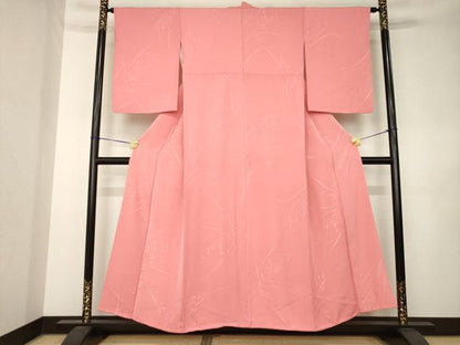 平和屋着物●上質な色無地　　草花地紋　甚三紅色　正絹　逸品　AABK3150ck