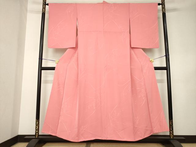 平和屋着物●上質な色無地　　草花地紋　甚三紅色　正絹　逸品　AABK3150ck