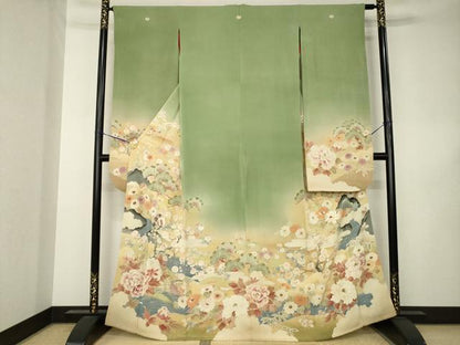 平和屋本店●アンティーク　大正ロマン　振袖　駒刺繍　草花文　金糸　正絹　逸品　AABK3155ck