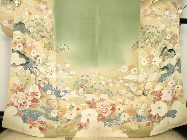 平和屋本店●アンティーク　大正ロマン　振袖　駒刺繍　草花文　金糸　正絹　逸品　AABK3155ck