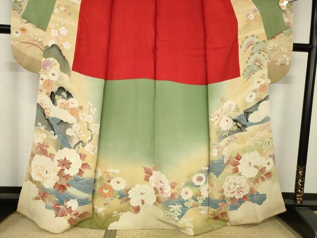 平和屋本店●アンティーク　大正ロマン　振袖　駒刺繍　草花文　金糸　正絹　逸品　AABK3155ck