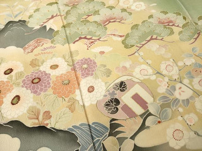 平和屋本店●アンティーク　大正ロマン　振袖　駒刺繍　草花文　金糸　正絹　逸品　AABK3155ck