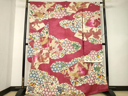 平和屋本店●アンティーク　大正ロマン　振袖　駒刺繍　地紙吉祥宝尽くし　正絹　逸品　AABK3156ck