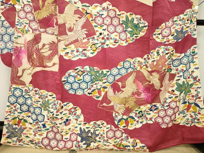 平和屋本店●アンティーク　大正ロマン　振袖　駒刺繍　地紙吉祥宝尽くし　正絹　逸品　AABK3156ck