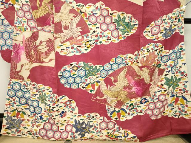 平和屋本店●アンティーク　大正ロマン　振袖　駒刺繍　地紙吉祥宝尽くし　正絹　逸品　AABK3156ck