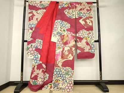 平和屋本店●アンティーク　大正ロマン　振袖　駒刺繍　地紙吉祥宝尽くし　正絹　逸品　AABK3156ck