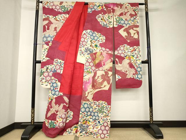 平和屋本店●アンティーク　大正ロマン　振袖　駒刺繍　地紙吉祥宝尽くし　正絹　逸品　AABK3156ck