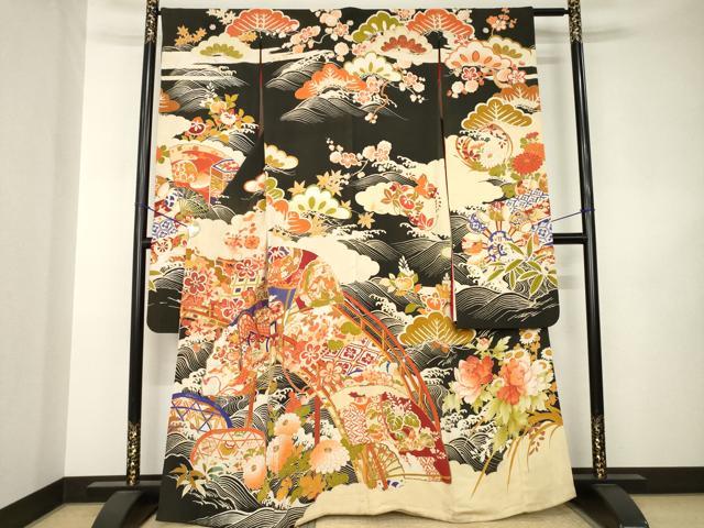 平和屋本店●アンティーク　大正ロマン　振袖　駒刺繍　渡り橋御所車花文　正絹　逸品　AABK3157ck