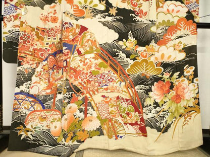 平和屋本店●アンティーク　大正ロマン　振袖　駒刺繍　渡り橋御所車花文　正絹　逸品　AABK3157ck