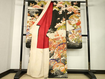 平和屋本店●アンティーク　大正ロマン　振袖　駒刺繍　渡り橋御所車花文　正絹　逸品　AABK3157ck