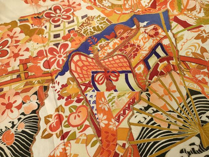 平和屋本店●アンティーク　大正ロマン　振袖　駒刺繍　渡り橋御所車花文　正絹　逸品　AABK3157ck