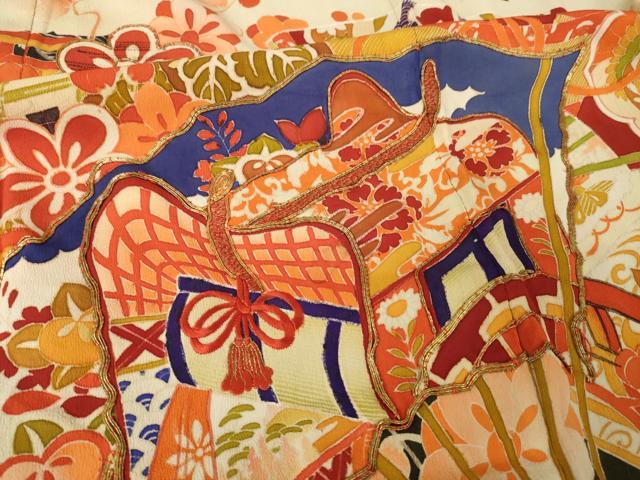 平和屋本店●アンティーク　大正ロマン　振袖　駒刺繍　渡り橋御所車花文　正絹　逸品　AABK3157ck