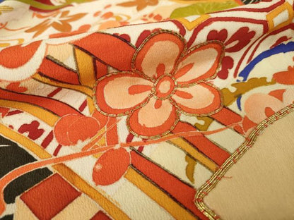 平和屋本店●アンティーク　大正ロマン　振袖　駒刺繍　渡り橋御所車花文　正絹　逸品　AABK3157ck