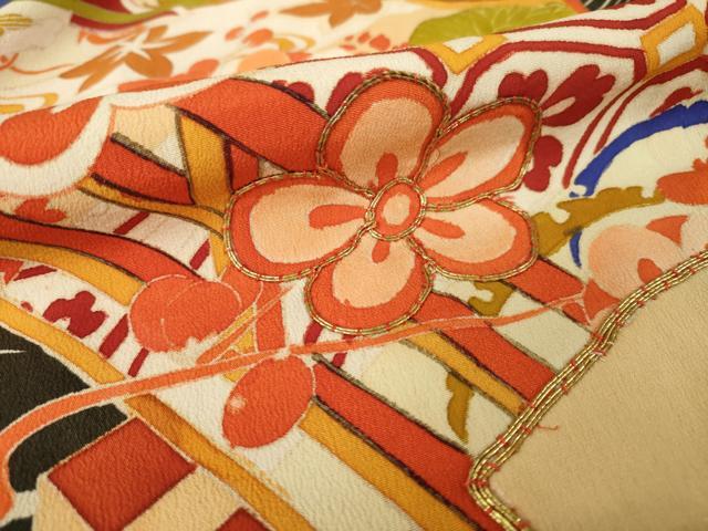 平和屋本店●アンティーク　大正ロマン　振袖　駒刺繍　渡り橋御所車花文　正絹　逸品　AABK3157ck