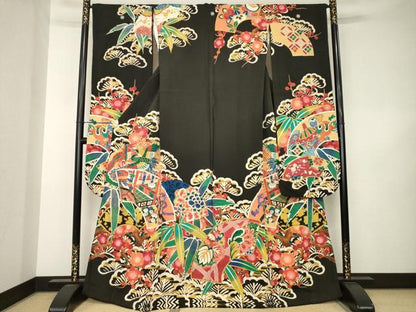 平和屋本店●アンティーク　大正ロマン　振袖　駒刺繍　地紙吉祥花文　黒地　金彩　正絹　逸品　AABK3158ck