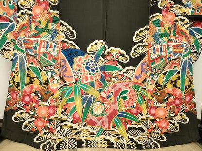 平和屋本店●アンティーク　大正ロマン　振袖　駒刺繍　地紙吉祥花文　黒地　金彩　正絹　逸品　AABK3158ck