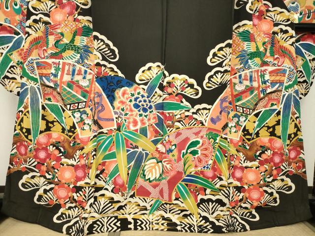 平和屋本店●アンティーク　大正ロマン　振袖　駒刺繍　地紙吉祥花文　黒地　金彩　正絹　逸品　AABK3158ck